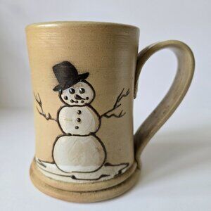 Handmade Maple City Pottery Beige Ceramic Mug With Snowman Design USA